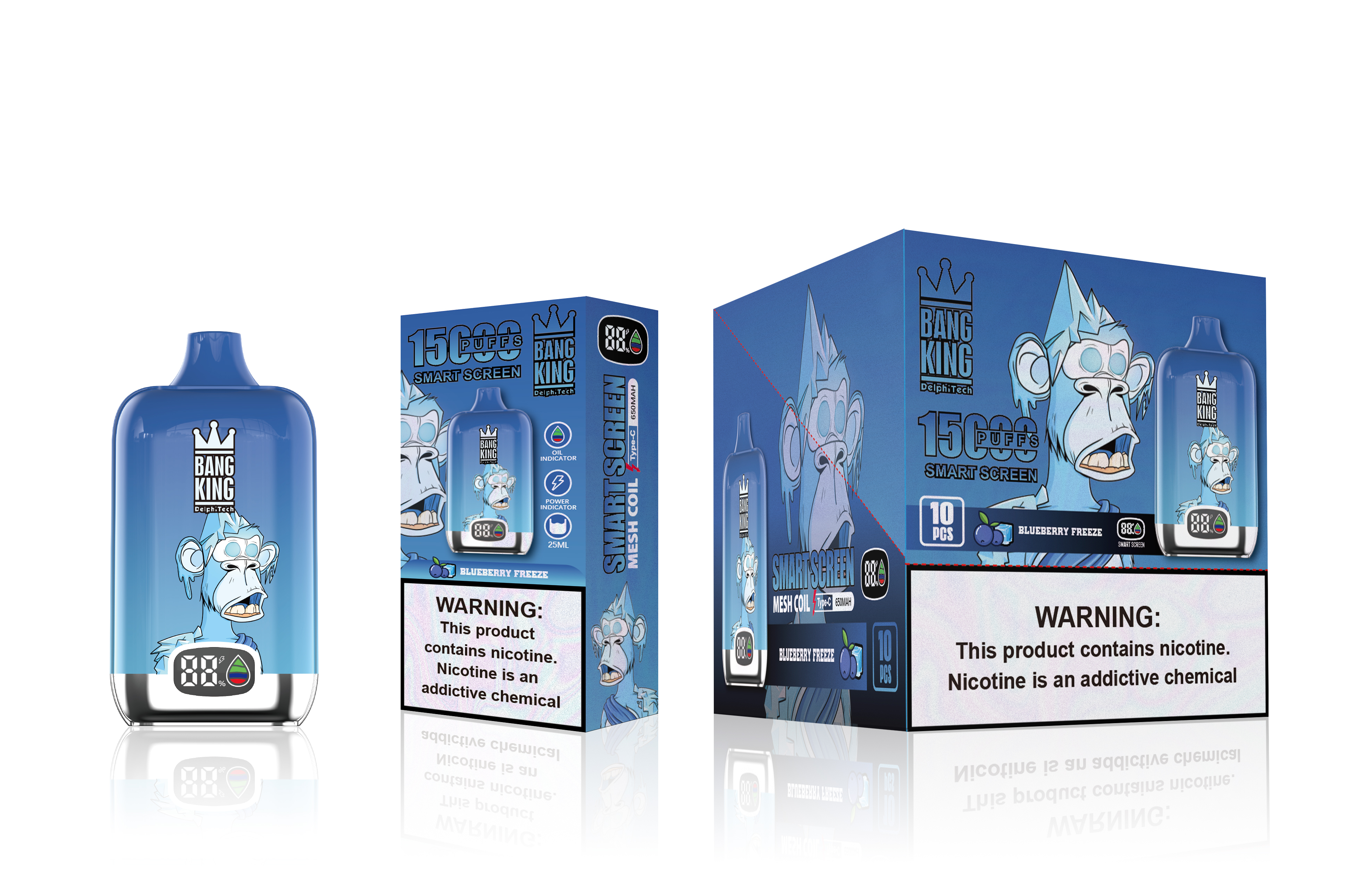 Bang King Smart Screen 15000 Puffs Disposable Vape 0% 2% 3% 5% Nicotine 12 Tastes Rechargeable Factory Direct