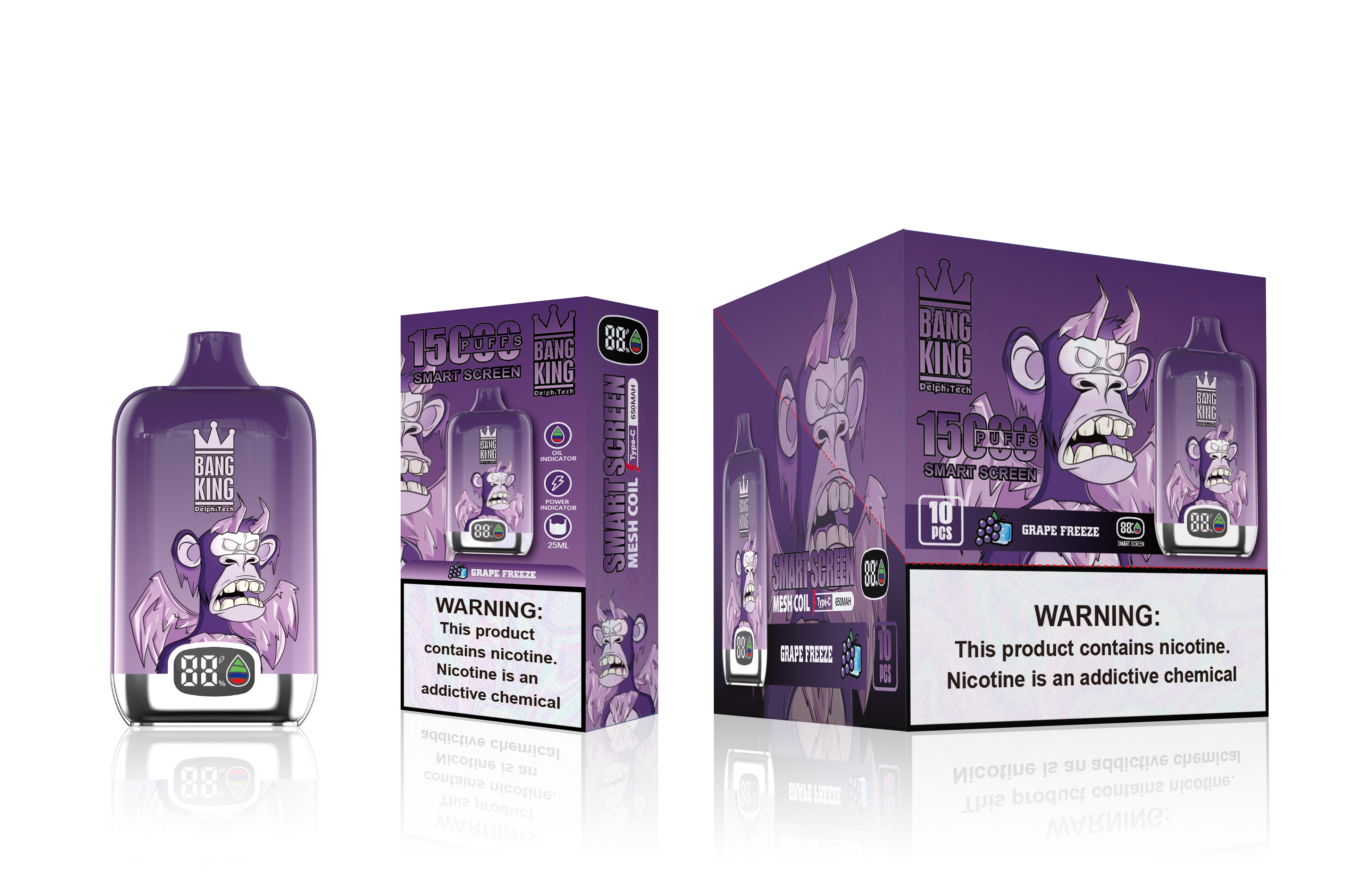 Bang King Smart Screen 15000 Puffs Disposable Vape 0% 2% 3% 5% Nicotine 12 Tastes Rechargeable Factory Direct