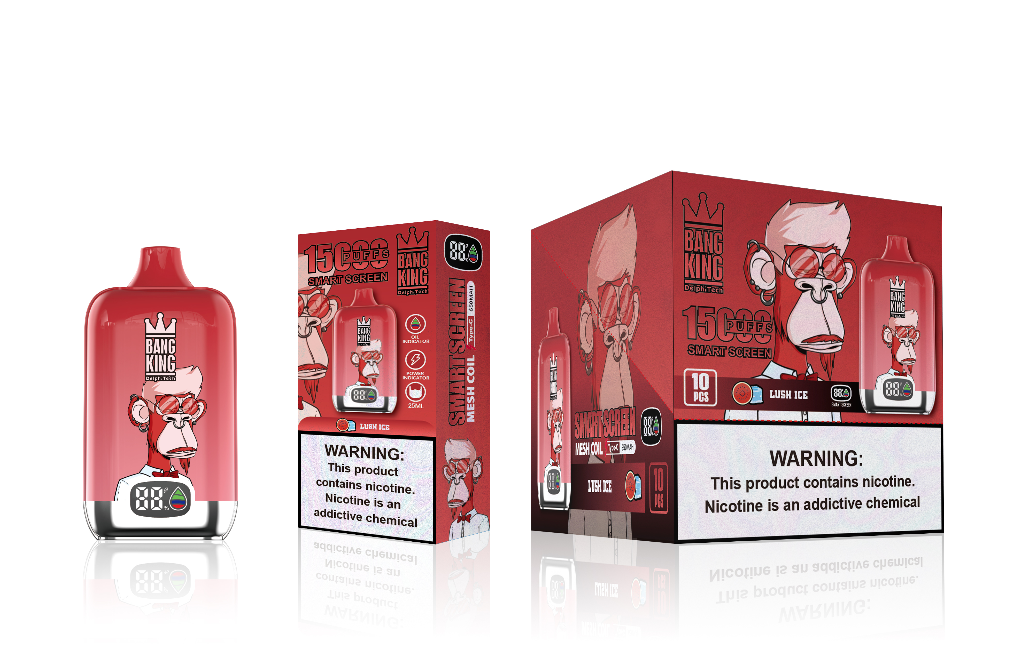 Bang King Smart Screen 15000 Puffs Disposable Vape 0% 2% 3% 5% Nicotine 12 Tastes Rechargeable Factory Direct