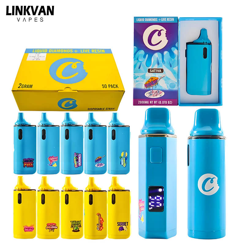 USA Warehouse Cookie Disposable Vape Pen 2g with LED Screen Empty Vape Carts 2ml 2gram 2000mg 10 Strains Live Resin Kits 200PCS/Box