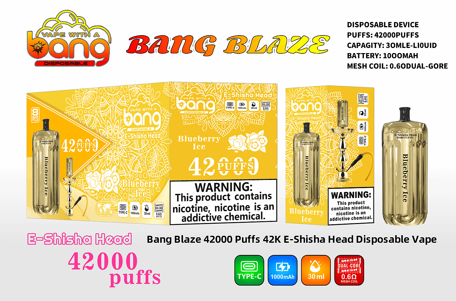 Bang Blaze 42000 Puffs 42K E-Shisha Head Disposable Vape 0% 2% 3% 5% Nicotine 12Tastes Gold LED Display Factory Direct