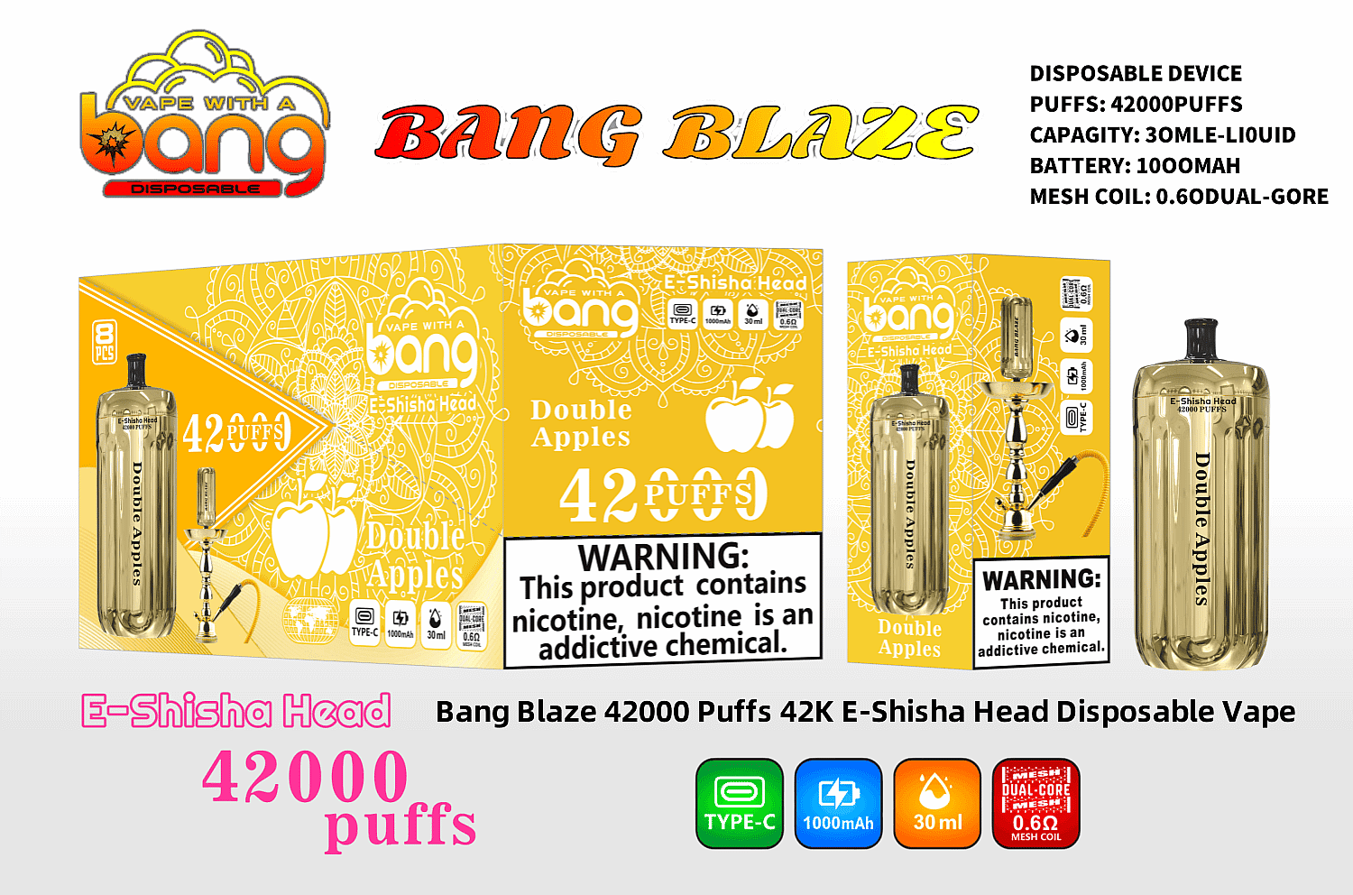 Bang Blaze 42000 Puffs 42K E-Shisha Head Disposable Vape 0% 2% 3% 5% Nicotine 12Tastes Gold LED Display Factory Direct