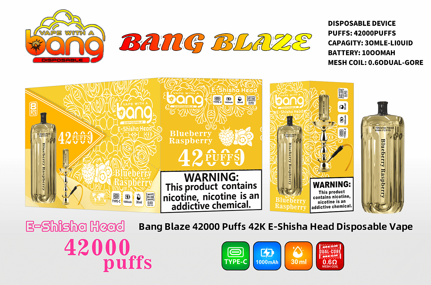 Bang Blaze 42000 Puffs 42K E-Shisha Head Disposable Vape 0% 2% 3% 5% Nicotine 12Tastes Gold LED Display Factory Direct