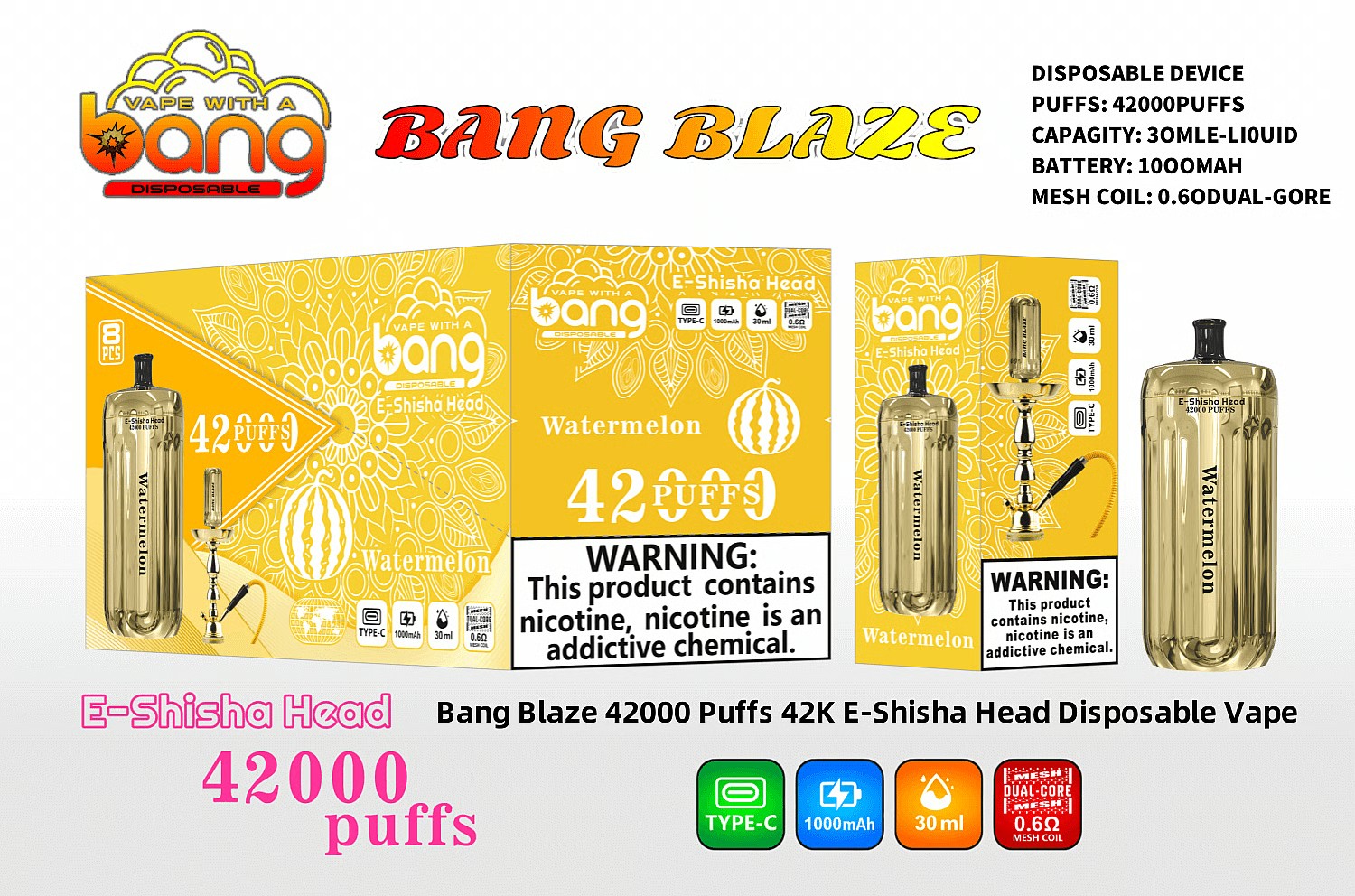 Bang Blaze 42000 Puffs 42K E-Shisha Head Disposable Vape 0% 2% 3% 5% Nicotine 12Tastes Gold LED Display Factory Direct