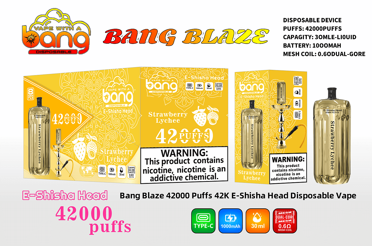 Bang Blaze 42000 Puffs 42K E-Shisha Head Disposable Vape 0% 2% 3% 5% Nicotine 12Tastes Gold LED Display Factory Direct